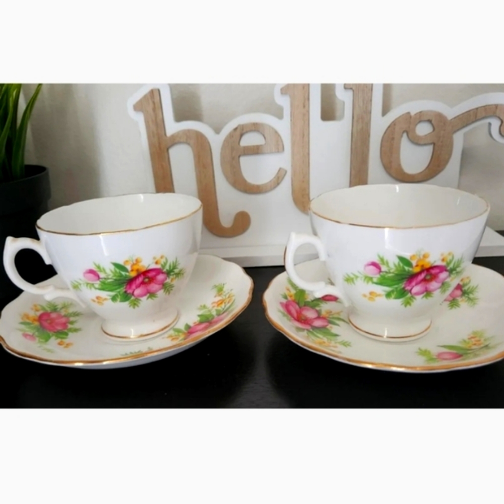 Royal Vale Tea set of 2  Pink Floral Pattern Vintage Bone China from England